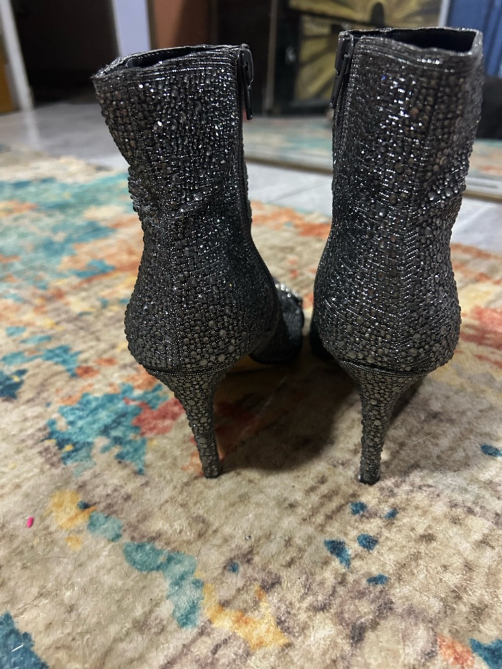 INC International Concepts Black Glitter Crystal Embellished Pointed Toe Booties - Picture 2 of 5